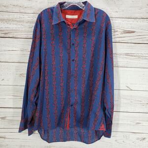 Equilibrio Modern Blue Floral Striped Cotton Button Up Long Sleeve Shirt XL